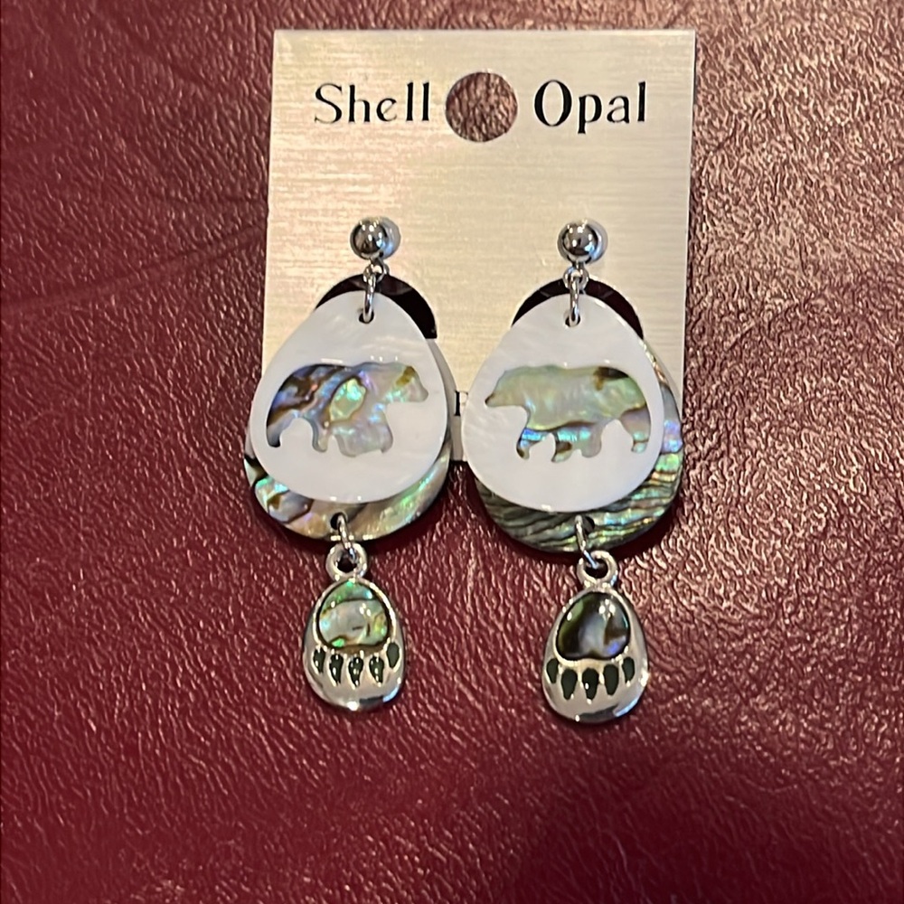 Carved shell bear dangle earrings